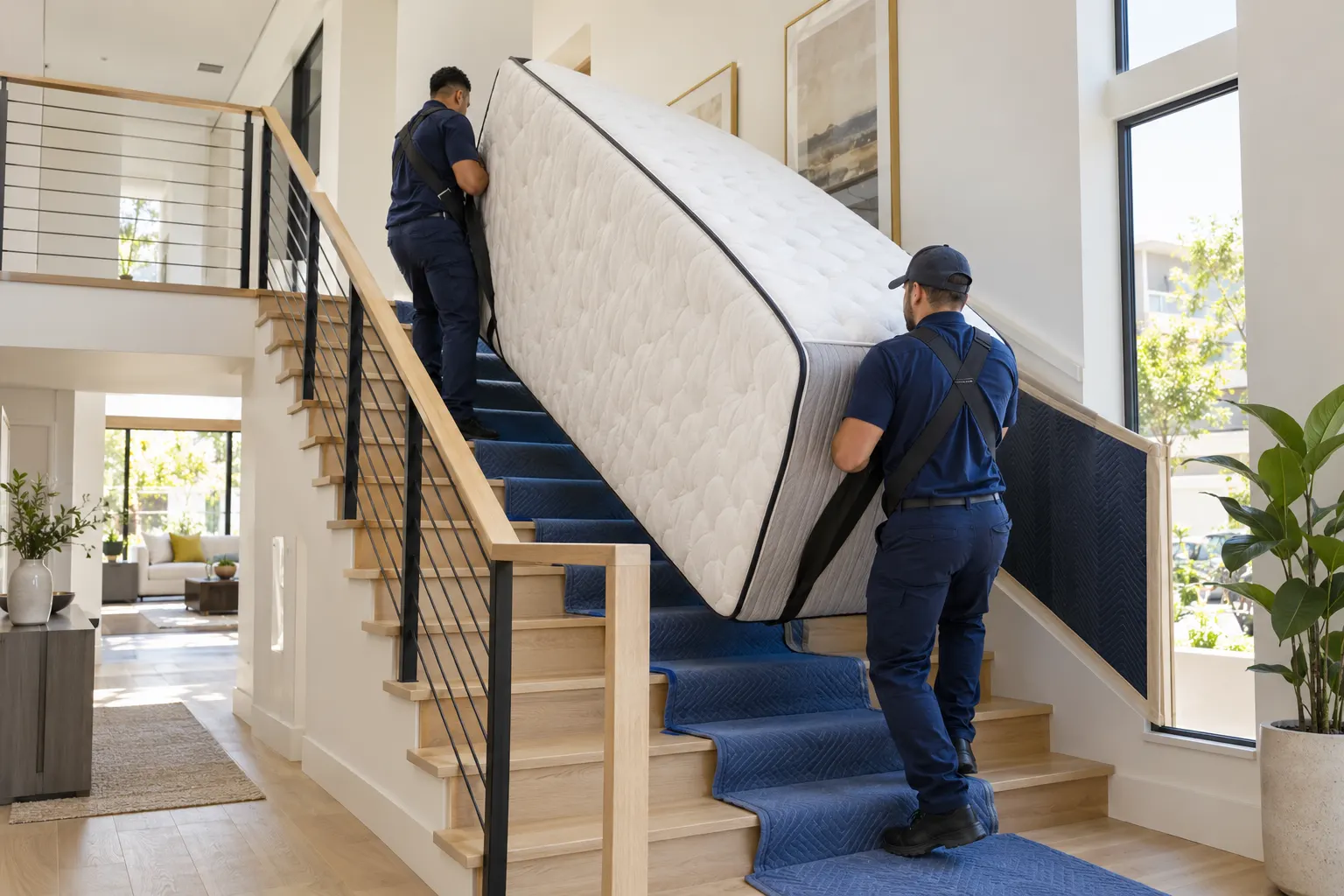 Haulers carrying a king mattress down an interior staircase
